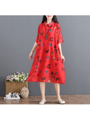 women red summer dress turn down collar Half sleeve cocktail dress print baggy dresses chiffon sundress