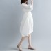 fashion white cotton linen knee dress plus size clothing cotton linen clothing dresses New lantern sleeve Cinched o neck baggy dresses