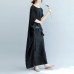 vintage black natural silk blended dress plus size o neck patchwork tie waist linen clothing dresses boutique short sleeve baggy dresses