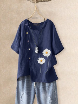 Women Vintage O  neck Button Daisy Floral Print Short Sleeves T  shirts