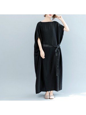 vintage black natural silk blended dress plus size o neck patchwork tie waist linen clothing dresses boutique short sleeve baggy dresses