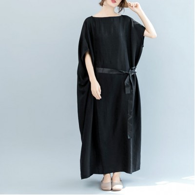 vintage black natural silk blended dress plus size o neck patchwork tie waist linen clothing dresses boutique short sleeve baggy dresses