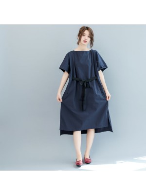 baggy dark blue long cotton dresses plus size o neck tie waist caftans vintage short sleeve dresses