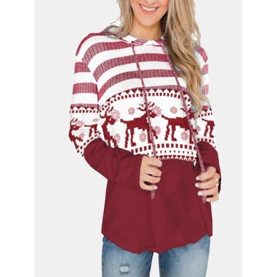 Women Christmas Elk Stripe Patchwork Casual Long Sleeve Drawstring Hoodies