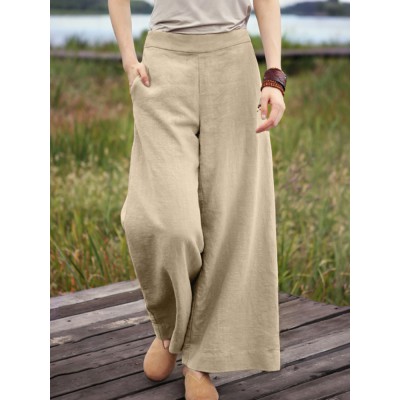 Women Pure Color Casual High Elastic Waisted Plain Wide Leg Pants With Pocket