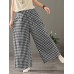 Women Plaid Print Elastic Waist Vintage Casual Loose Wide Leg Pants With Pockets