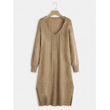 Women Long Sleeve V  neck Solid Sweater Dress