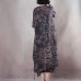 Elegant black natural linen dress plus size v neck floral linen clothing dress vintage half sleeve tie waist gown