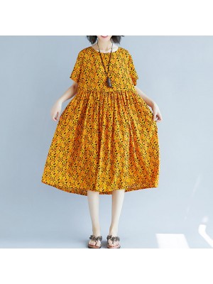 vintage yellow pure cotton linen dresses casual clothing dresses boutique short sleeve O neck floral natural cotton linen dress