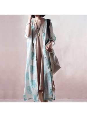 stylish blue print long linen dresses plus size clothing v neck side open traveling dress Fine half sleeve gown