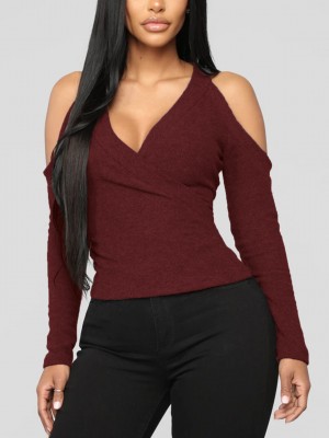 Women Solid Color Strapless V  neck Long Sleeves T  shirts