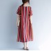 New red cotton linen maxi dress trendy plus size O neck traveling clothing 2018 striped short sleeve gown