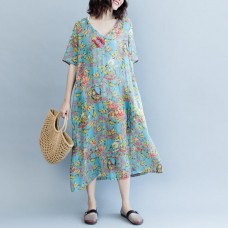 Elegant blue print linen dresses plus size clothing v neck a line skirts caftans 2018 short sleeve dresses