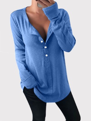 Women Solid Color Half Button Cotton Casual Loose Long Sleeve T  Shirt