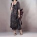 Elegant black natural linen dress plus size v neck floral linen clothing dress vintage half sleeve tie waist gown