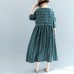 fashion dull green striped natural linen dress oversized o neck baggy dresses linen clothing dress boutique short sleeve pockets gown