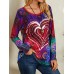 Women Graffiti Heart Floral Print Round Neck Casual Long Sleeve T  Shirt