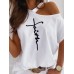 Women Script Print Design Shoulder Casual Short Sleeve T  Shirts