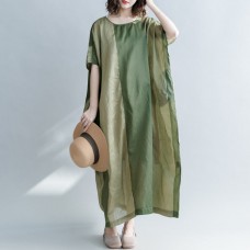 Elegant green striped linen blended dresses casual O neck baggy dresses linen blended clothing dress vintage Batwing Sleeve patchwork maxi dresses