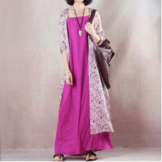 baggy pink print linen dresses plus size v neck side open traveling clothing fine half sleeve linen caftans