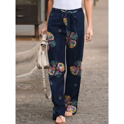 Women Vintage Print Lace  Up Elastic Waist Wide  legged Pants with Side Pockets