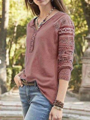 Women Random Print Long Sleeve Button Knit Ethnic Bohemia T  Shirts