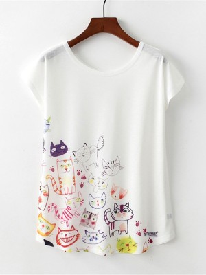 Women Short Sleeve Round Neck Cat Print Loose Women T  shirts