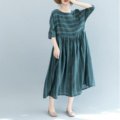 fashion dull green striped natural linen dress oversized o neck baggy dresses linen clothing dress boutique short sleeve pockets gown