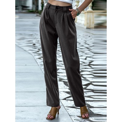 Women Solid Color Pleats Zipper Fly Casual Pants