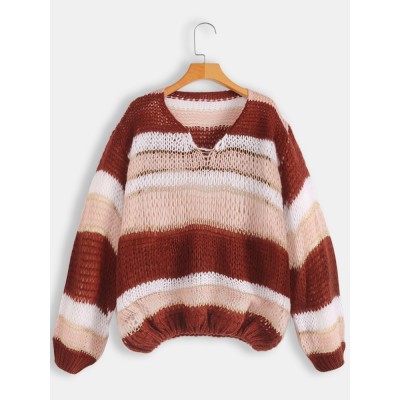 Women Casual Striped V  neck Sweaters