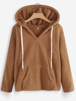 Women V  neck Hooded Solid Color Fleece Coats