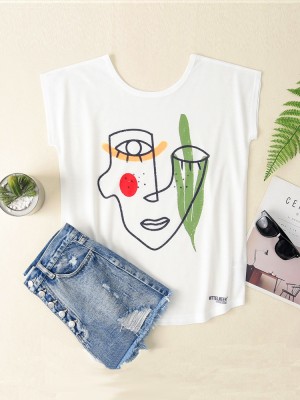 Women Casual Graffiti Print White Wild Tank Top Loose T  shirts