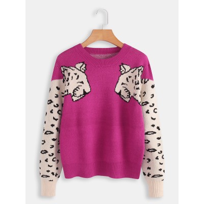 Women Leopard Print Round Neck Long Sleeve Sweaters