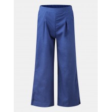 Women Solid Color Side Split Cuffs Elastic Mid Waist Long Wide Leg Pants With Pockets