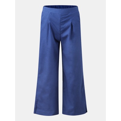 Women Solid Color Side Split Cuffs Elastic Mid Waist Long Wide Leg Pants With Pockets