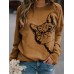 Women Cute Cartoon Cat Print Round Neck Loose Casual Long Sleeve T  Shirts