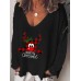 Women Christmas Letter Cartoon Print V  Neck Loose Long Sleeve T  Shirts