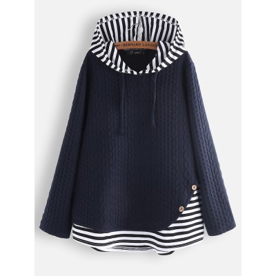 Jacquard Striped Patchwork Button Knit Hooded Sweatshirt